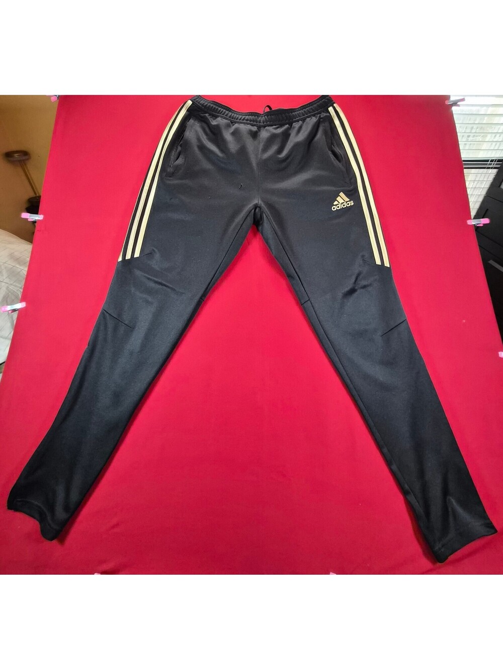 Adidas Black Track Pants with Gold Stripes Sz L